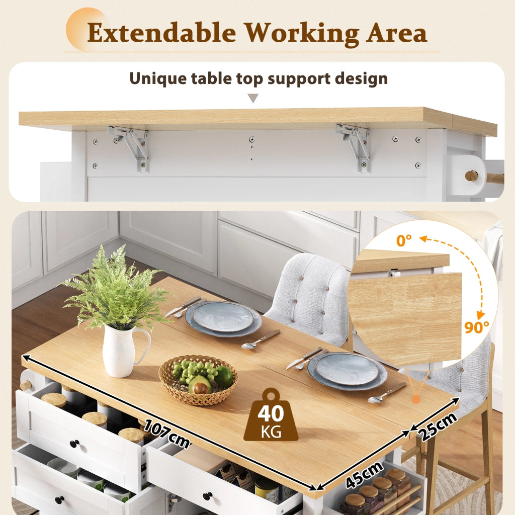 Carrello da cucina con 2 ante; cassetti; portaasciugamani e portaspezie per cucina; in MDF; 107 x 45-70 x 90;5 cm