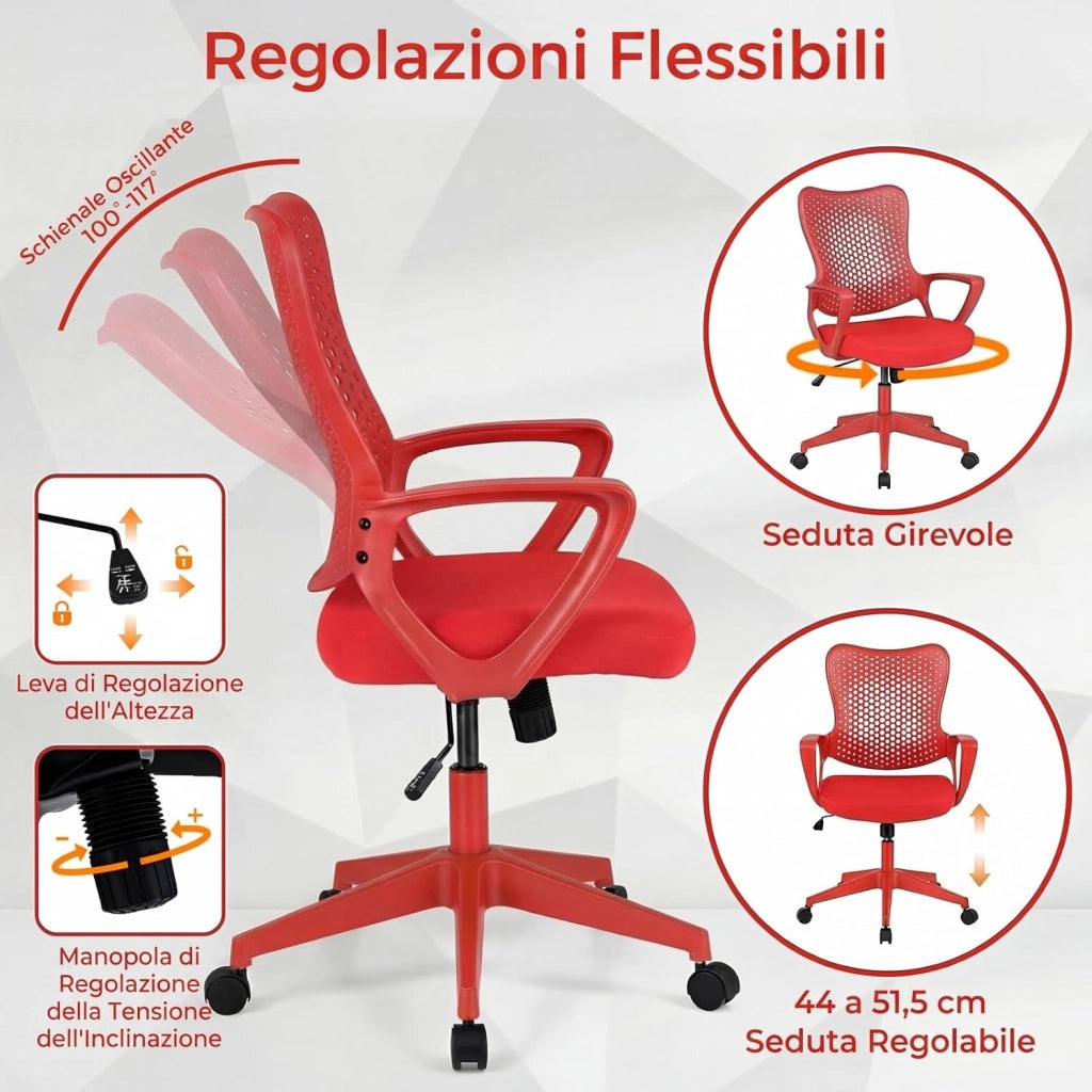 Sedia da Ufficio Ergonomica, con Schienale Reclinabile, Regolabile in Altezza, Sedia Scrivania con Seduta Girevole 360°e Ruote per Ufficio, Studio e Soggiorno, Portata 150 kg (Rosso)
