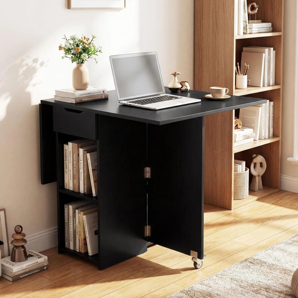 Tavolo da Pranzo Pieghevole, Tavolo Salvaspazio per 4-6 Persone con 2 Ripiani, Cassetto e Ruote a Freno, Tavolino Cucina per Cucina, Soggiorno e Ufficio, 120 x 72 x 75 cm (Nero)