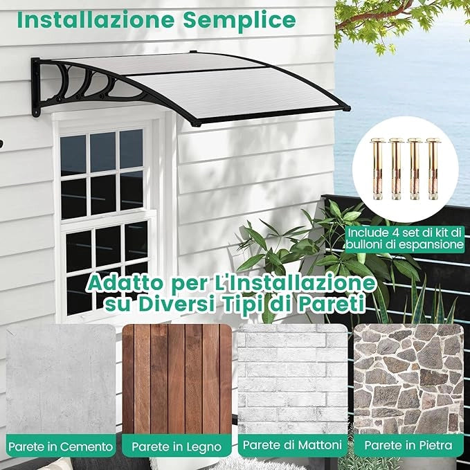 Tettoia per Porta Finestra, Pensilina Tettoia per Porta in Policarbonato, per Protezione da Sole, Pioggia, Neve, per Balcone, Finestre e Porte