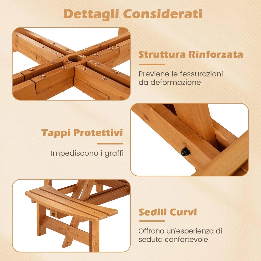 Set Tavolo da Giardino con 4 Panche Integrate, Legno Massiccio, con Foro Ombrellone, per 4-8 Persone, Tavolo Rotondo da Picnic per Esterno, Ogni Panca Porta 250 kg (Giallo, 179 x 179 x 70 cm)