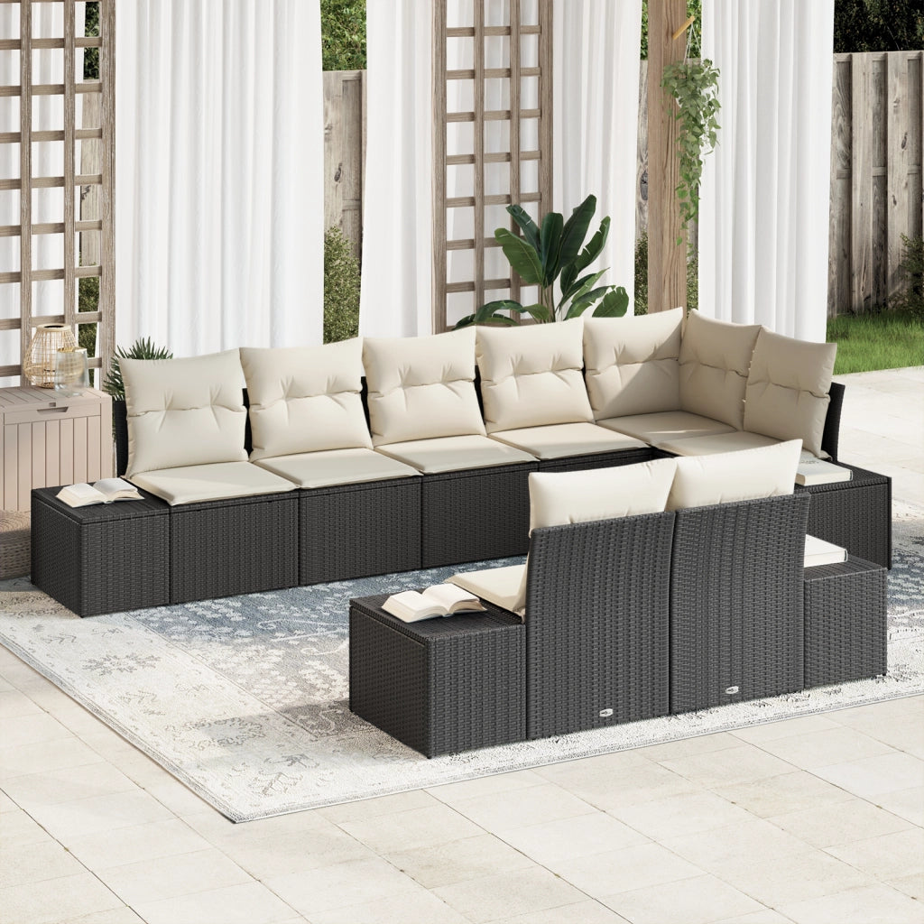 Set Divano da Giardino 8 Pezzi con Cuscini Nero Polyrattan