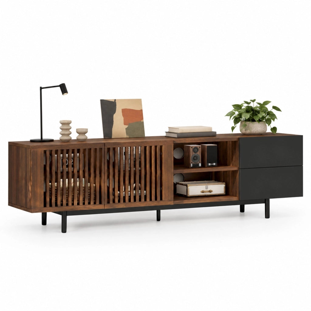 MOBILE TV 160x38x50 cm MDF Noce e Nero con Ante a Lamelle e 2 Cassetti