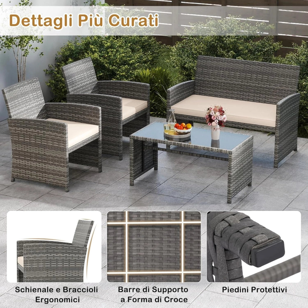 Set Mobili da Giardino in Rattan PE, Divano a 2 Posti e 2 Poltrone con Cuscini Comfort, Tavolino con Piano in Vetro, Arredo da Esterno per 4 Persone per Patio, Balcone, Cortile (Grigio+Bianco)