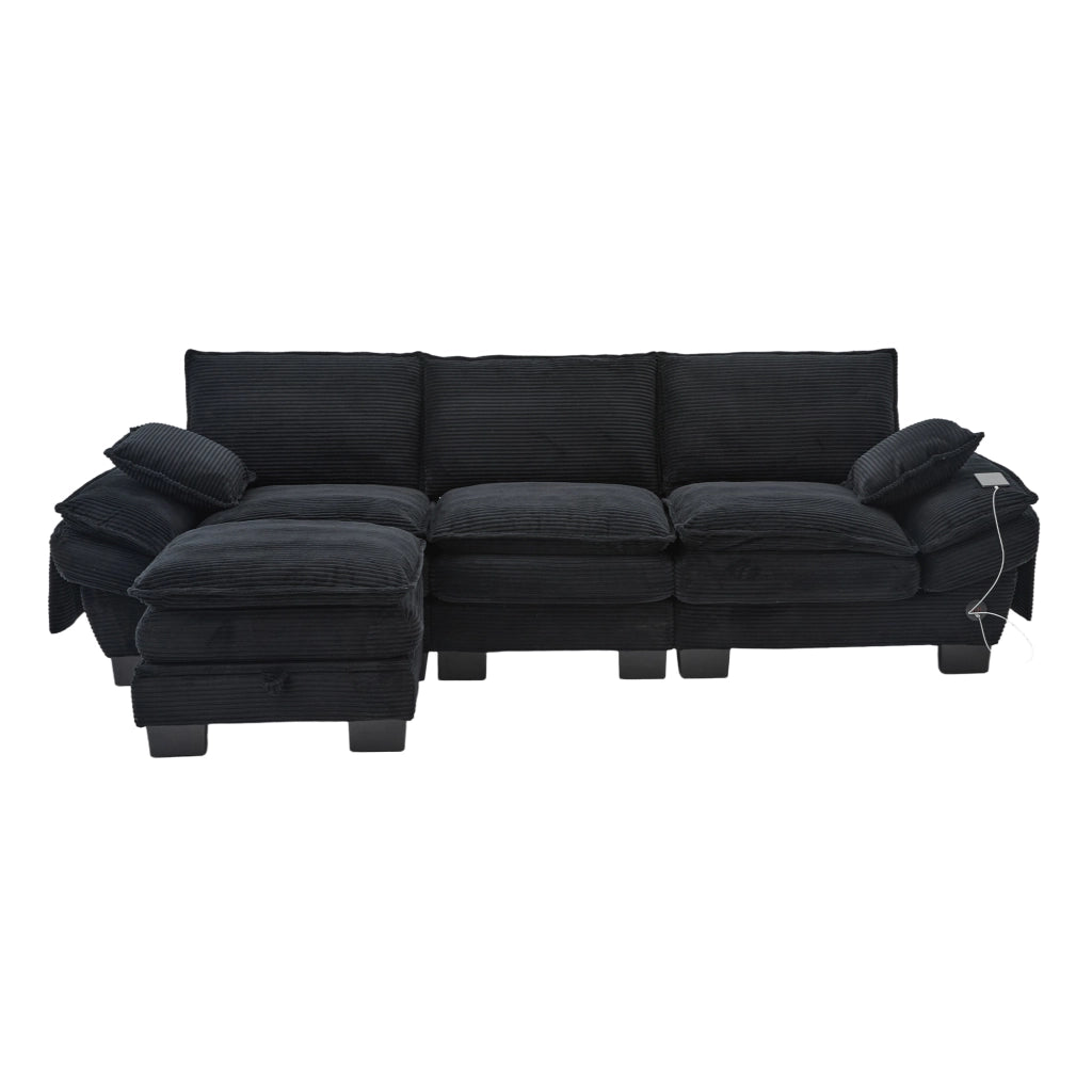Divano modulare 3 posti in velluto a coste nero con pouf; porta USB-C e tasche laterali; 260x132x84 cm