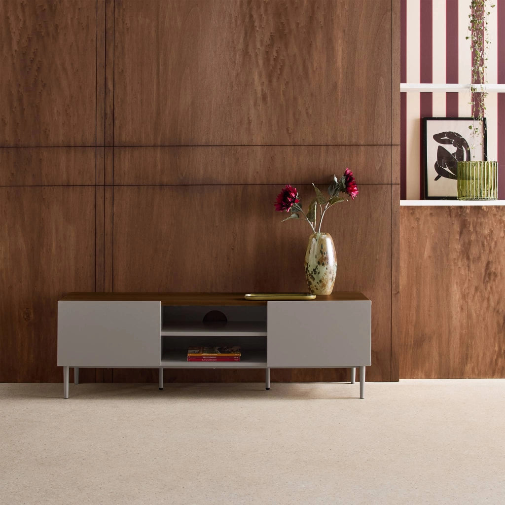 Mobile tv in metallo e decorazione in legno 2 ante, 140cm, grigio