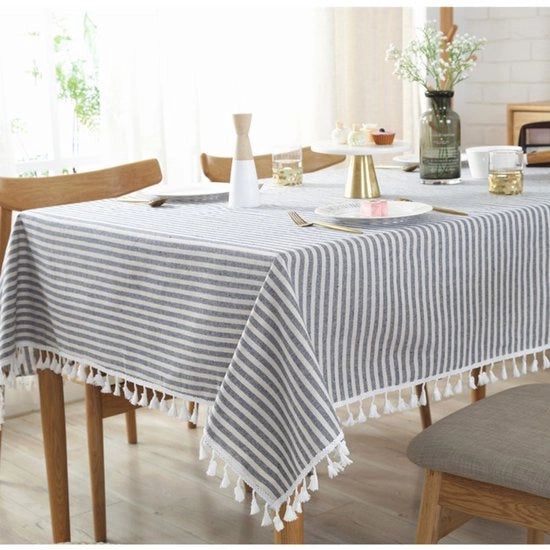 Tavolino coperto con stoffa di cotone lino a strisce con pennelli - Tavolino coperto stoffa densa - Tavolino coperto rettangolare - Disponibile in diverse misure - Adatto come decorazione per tavolo in cucina e sala da pranzo (140 x 250 cm)
