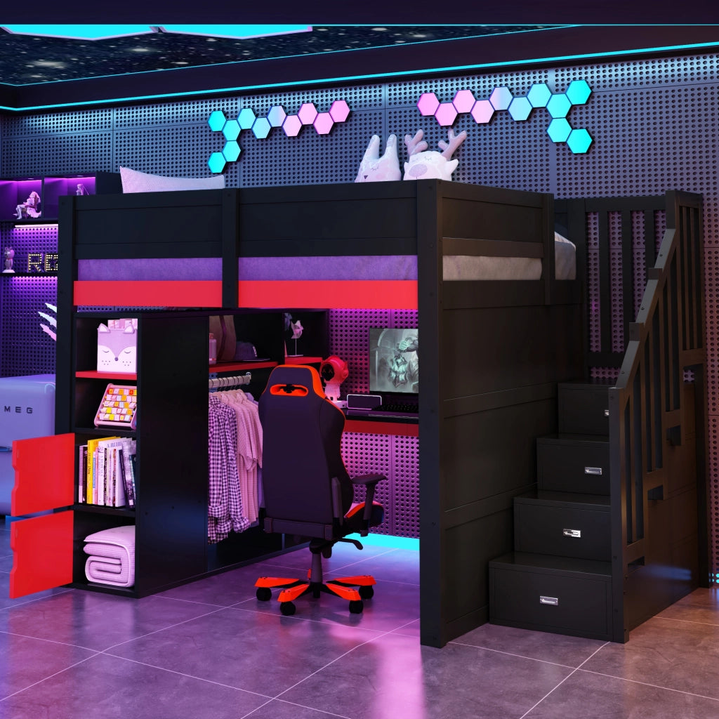 DESMIU Letto a soppalco 140 × 200 cm 2 posti con scrivania, contenitori, LED, USB e scala, senza materasso, nero rosso
