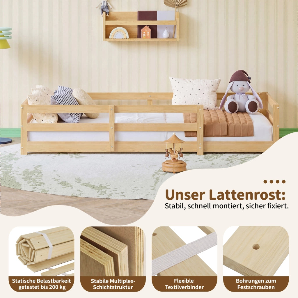 Letto per bambini 90 × 200 cm con barriera di sicurezza a 4 lati, senza materasso, in legno di pino, naturale