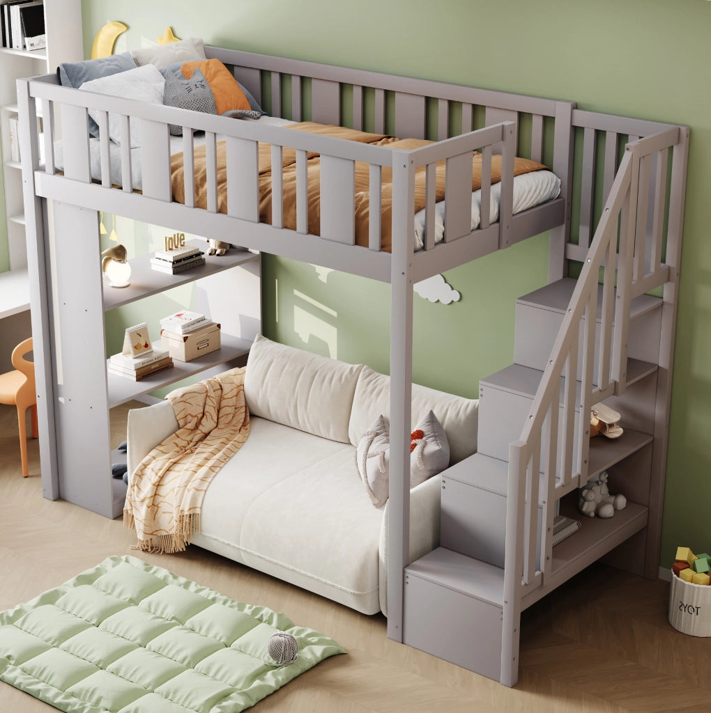 Letto a soppalco 90x200 cm con scala contenitore grigio