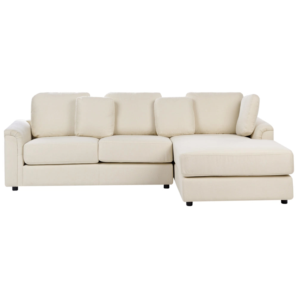 Divano stile moderno ad angolo con pouf in tessuto beige chiaro lato sinistro