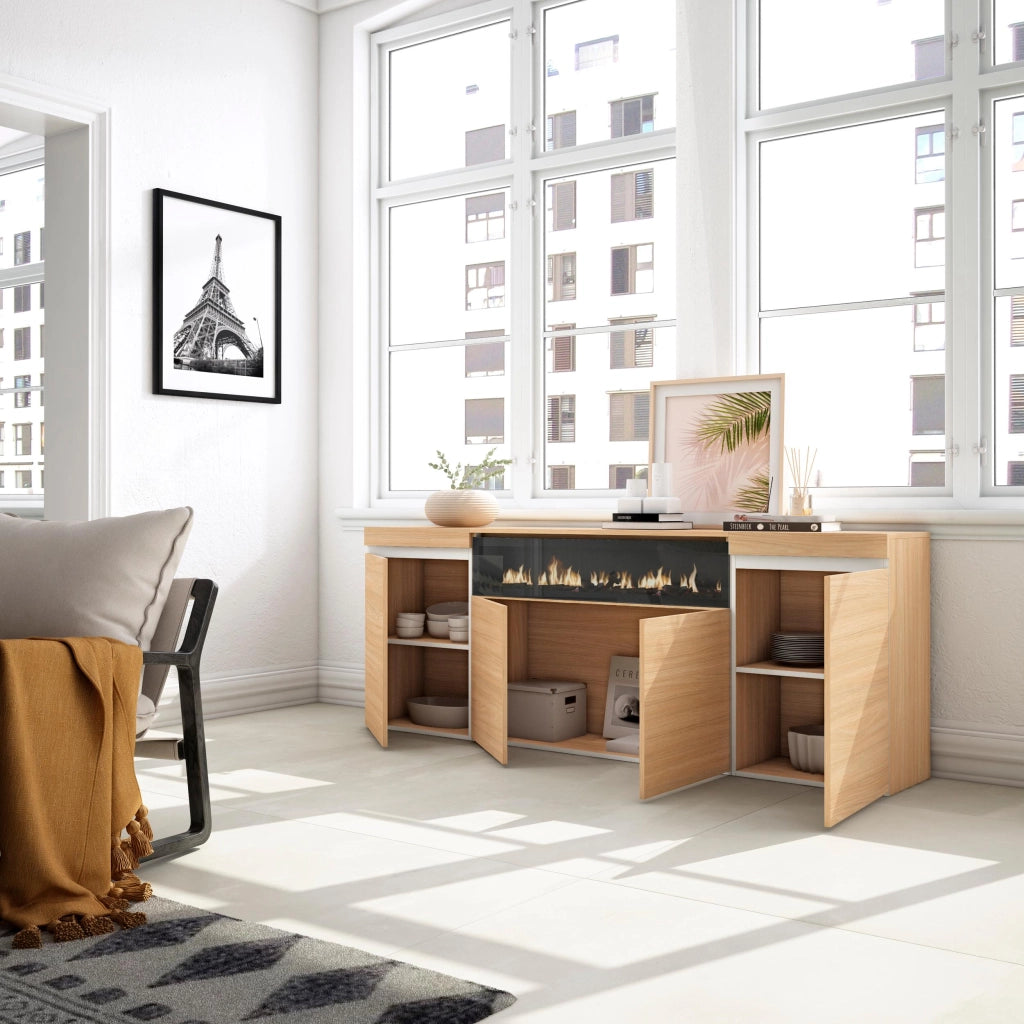 Credenza, Mobile, Cucina, 200x75x35cm, 4 Porte, Camino elettrico, Rovere soft e bianco