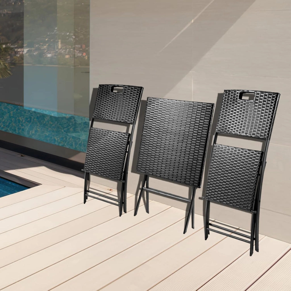 Set di Mobili da Balcone Pieghevole da 3 Pezzi, Mobili da Bistrot, Set Giardino in Rattan, 1 Tavolo e 2 Sedie, Sedia Pieghevole per Balcone, Giardino e Terrazza, Nero
