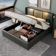 Letto matrimoniale 160x200 cm con contenitore, testiera con luce da lettura e ricarica USB, senza materasso