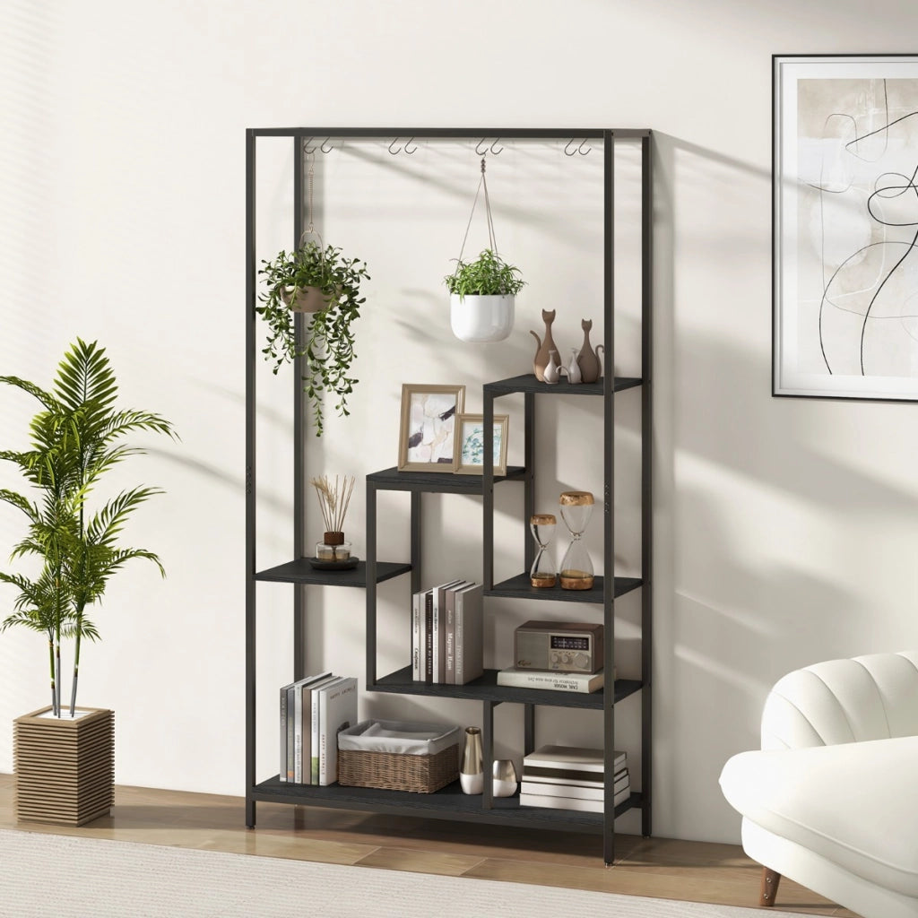 Scaffale per piante 180cm a 6 livelli con 10 ganci e ripiani per piante, Scaffale porta piante in metallo Nero