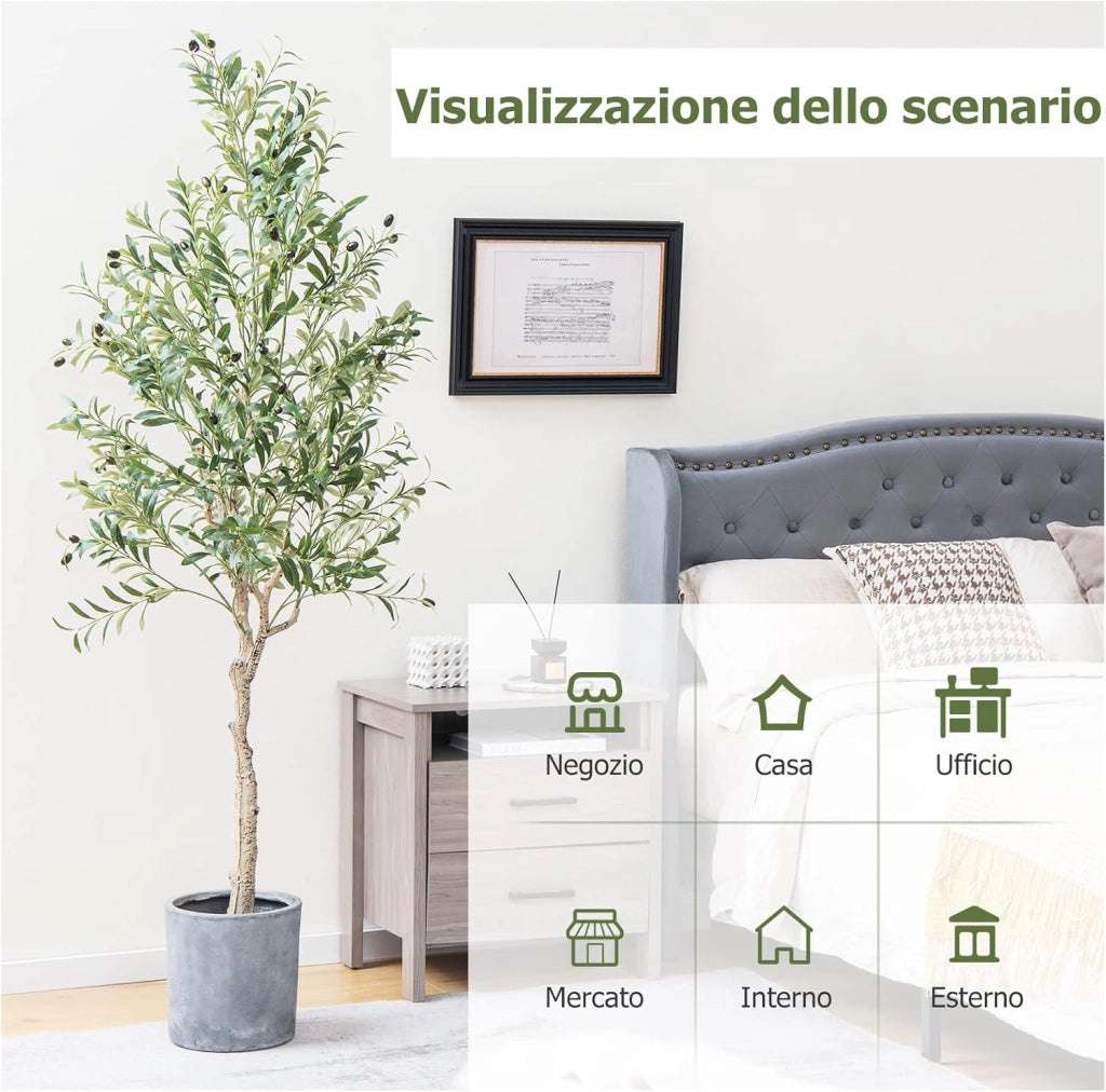Pianta Finta da Interno da 182 cm, Olivo Artificiale da 2 Pezzi con Vaso di Cemento, 1296 Foglie e 72 Frutti, Pianta Finta per Soggiorno, Ufficio e Negozio (1)