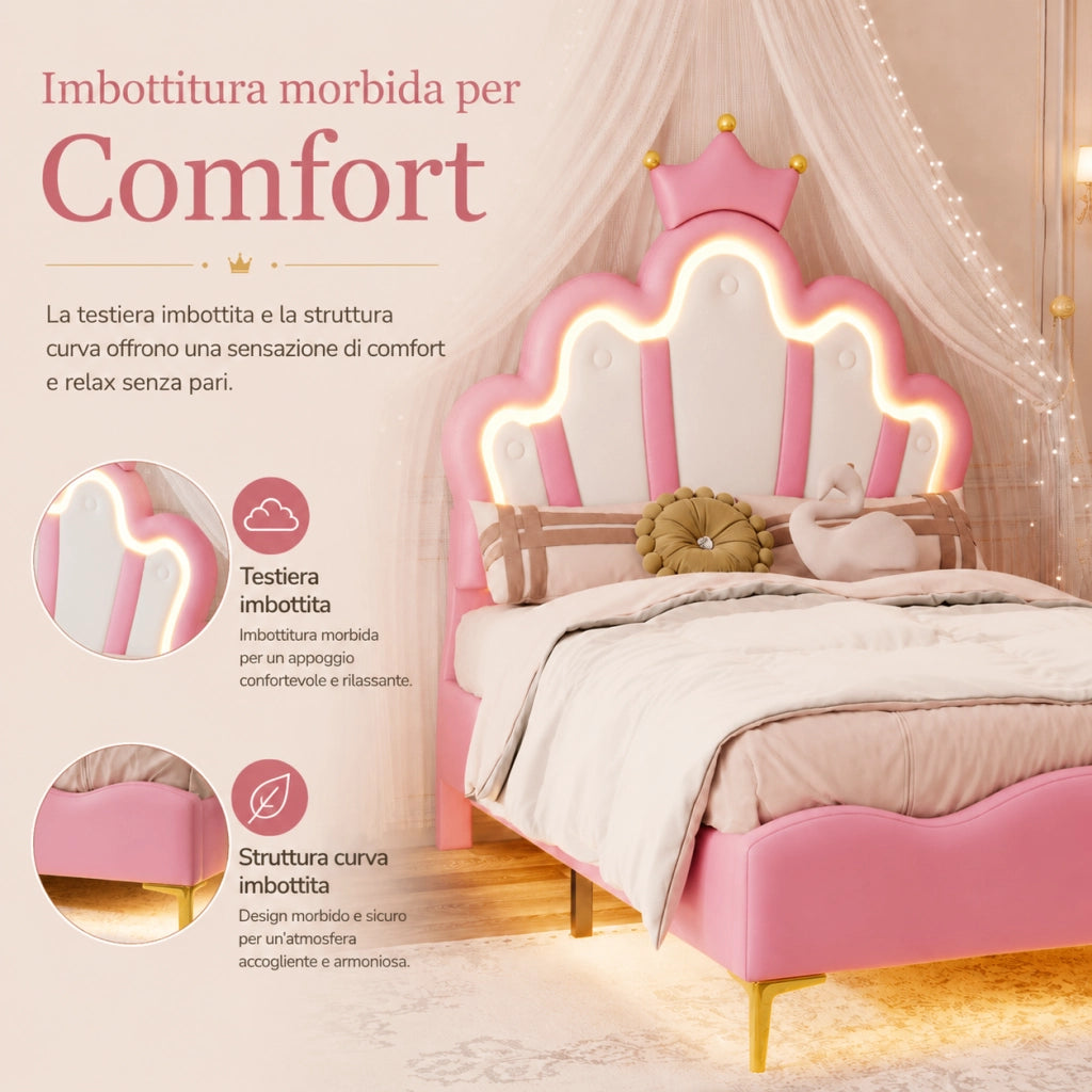 Letto singolo per bambina 90x200 cm ecopelle rosa, testiera a corona con luci LED, illuminazione sotto il letto, gambe dorate, telaio robusto