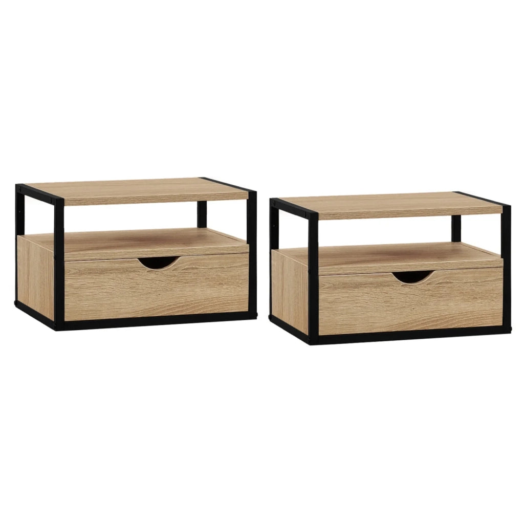 IDMarket - Set di 2 comodini da parete DETROIT con 1 cassetto + 1 ripiano sospeso in legno e metallo nero, in stile industriale