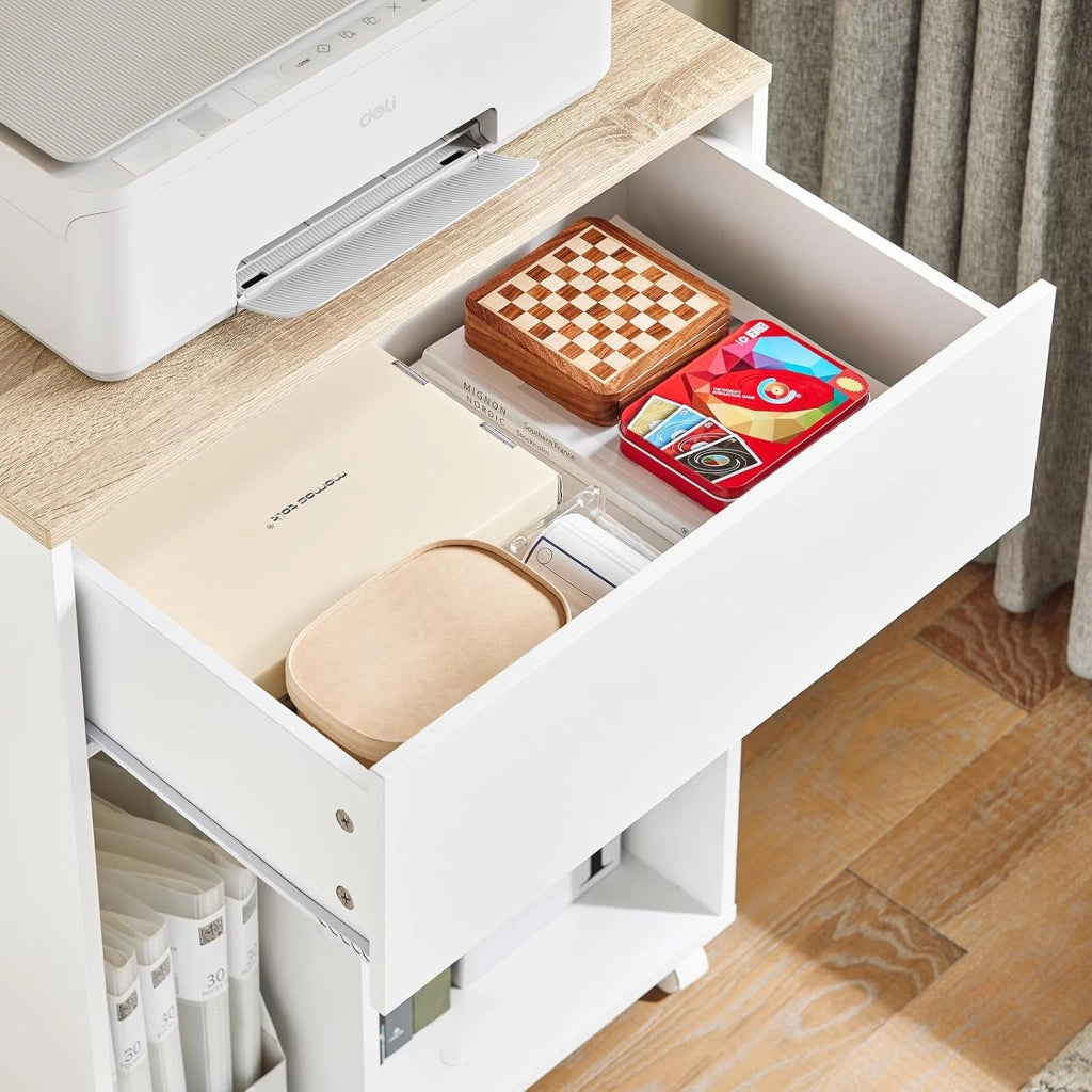 Carrello da ufficio Carrello Portaoggetti con Cassetto Tavolino stampante 63x42x88cm ASK10-WN