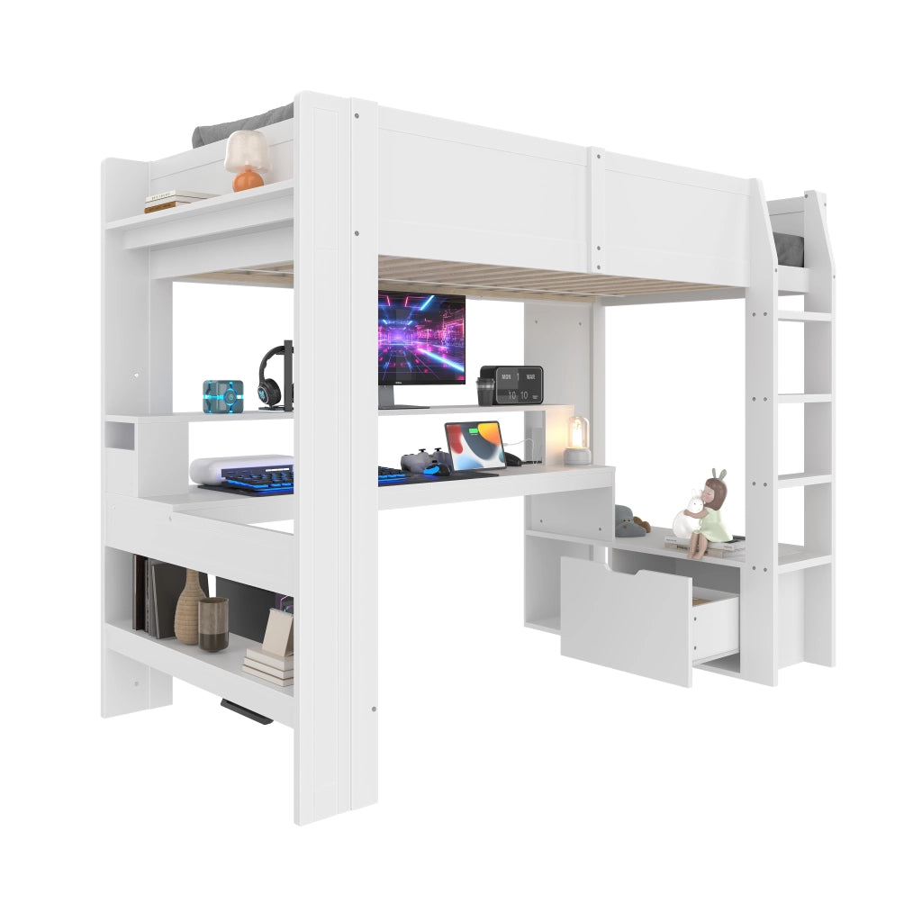 Hochbett bianco in pino con scrivania led e cassetti 90x200 cm
