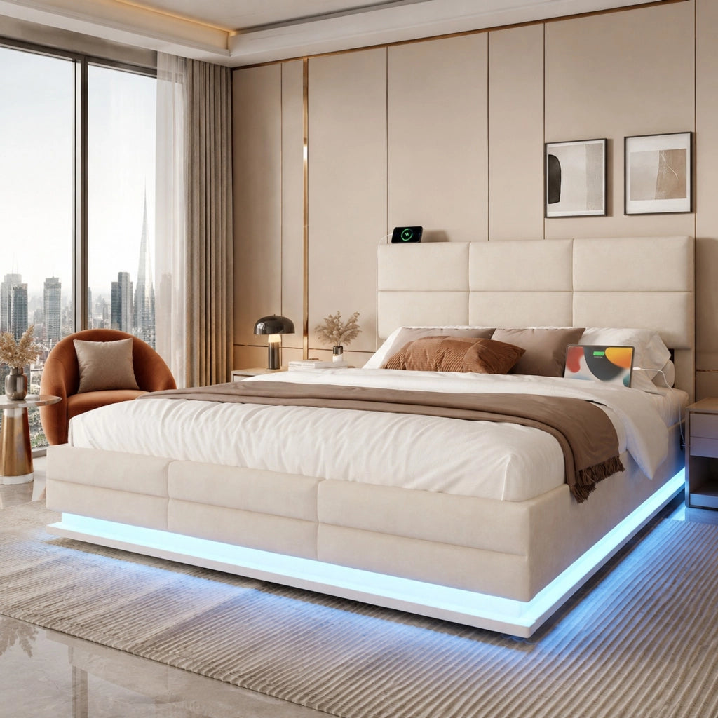 LETTO 140x200 cm in velluto beige con testiera regolabile, LED, USB e vano contenitore