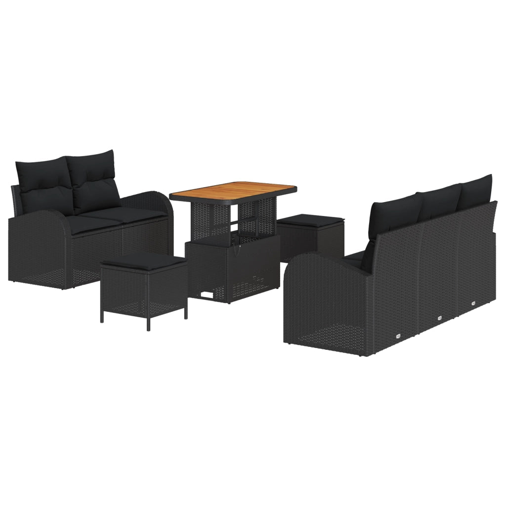 Set di divani da giardino 8 pezzi  con cuscini neri in polyrattan e acacia