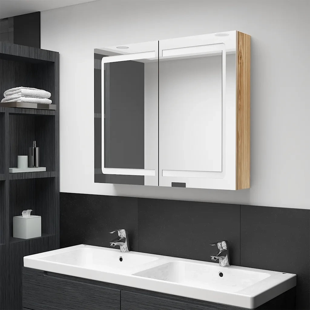 Armadietto Bagno | Armadio da bagno con Specchio e LED Rovere 80x12x68 cm