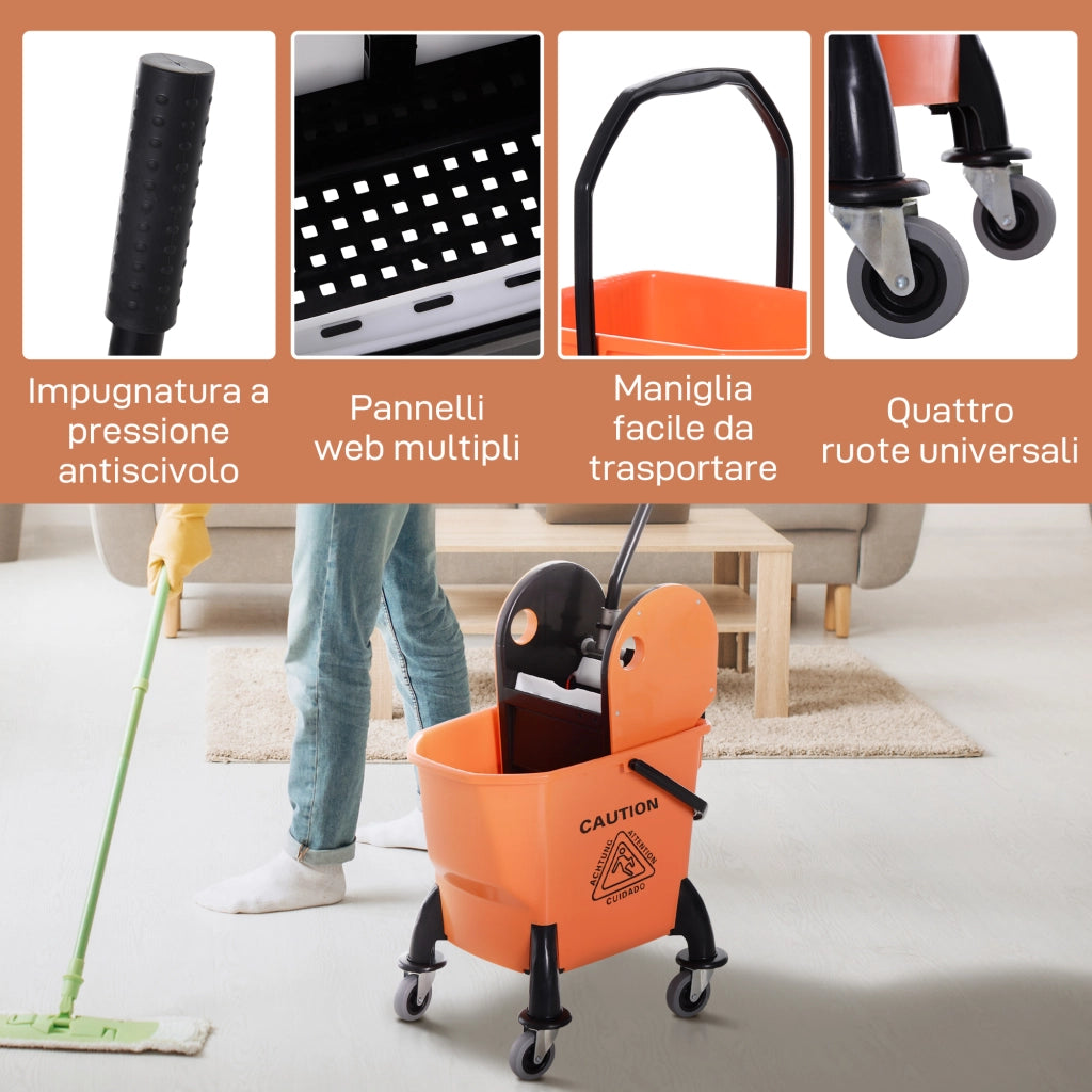 Carrello Pulizie Professionale ¨C Xylo ¨C 26L con Strizzatore e Ruote 44x36x90cm Arancione