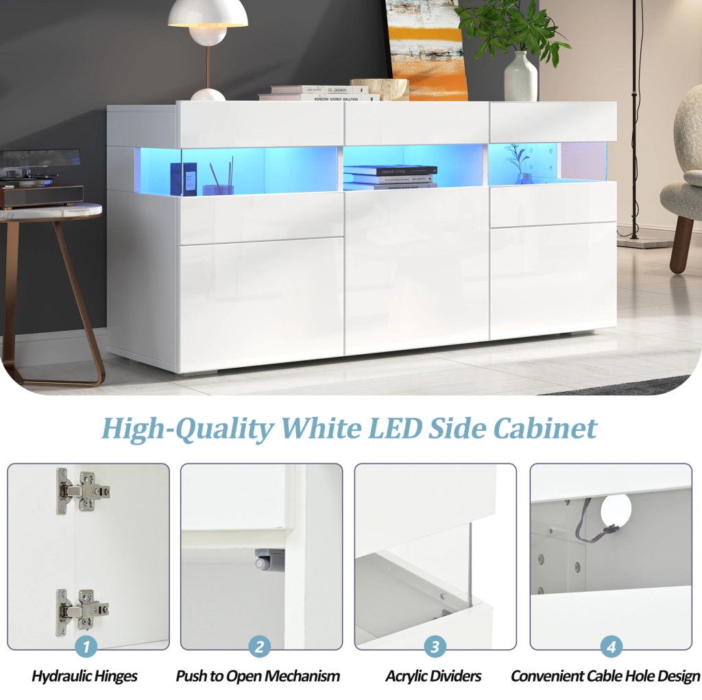 Credenza bianca lucida con LED e 3 ante, 140 cm