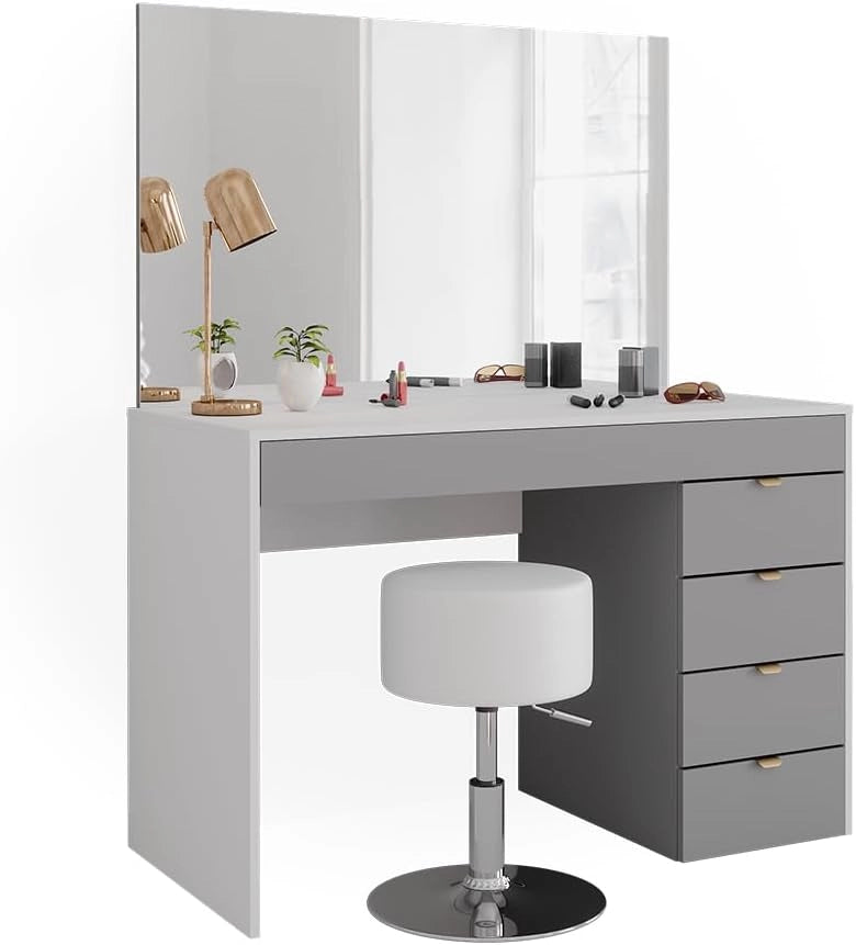 Tavolo da toeletta Elise, Bianco/grigio/grigio, 115 cm con sgabello, con sgabello regolabile in altezza e girevole a 360°