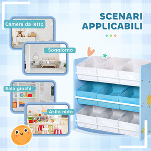 Mobiletto Portagiochi 63x30x60cm con 9 Cestini Rimovibili in MDF e Tessuto Azzurro