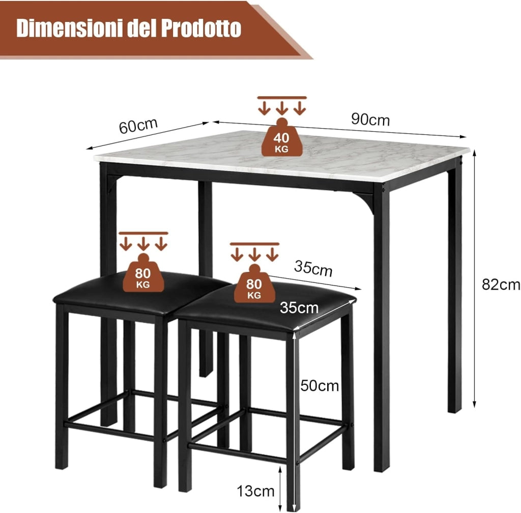 Tavolo Cucina con 2 Sgabelli, Tavolo Alto con 2 Sgabelli Senza Schienale in Similpelle da Cucina, Sala da Pranzo e Soggiorno, Tavolo Bar con Sgabelli Moderno per Spazi Piccoli (Nero)
