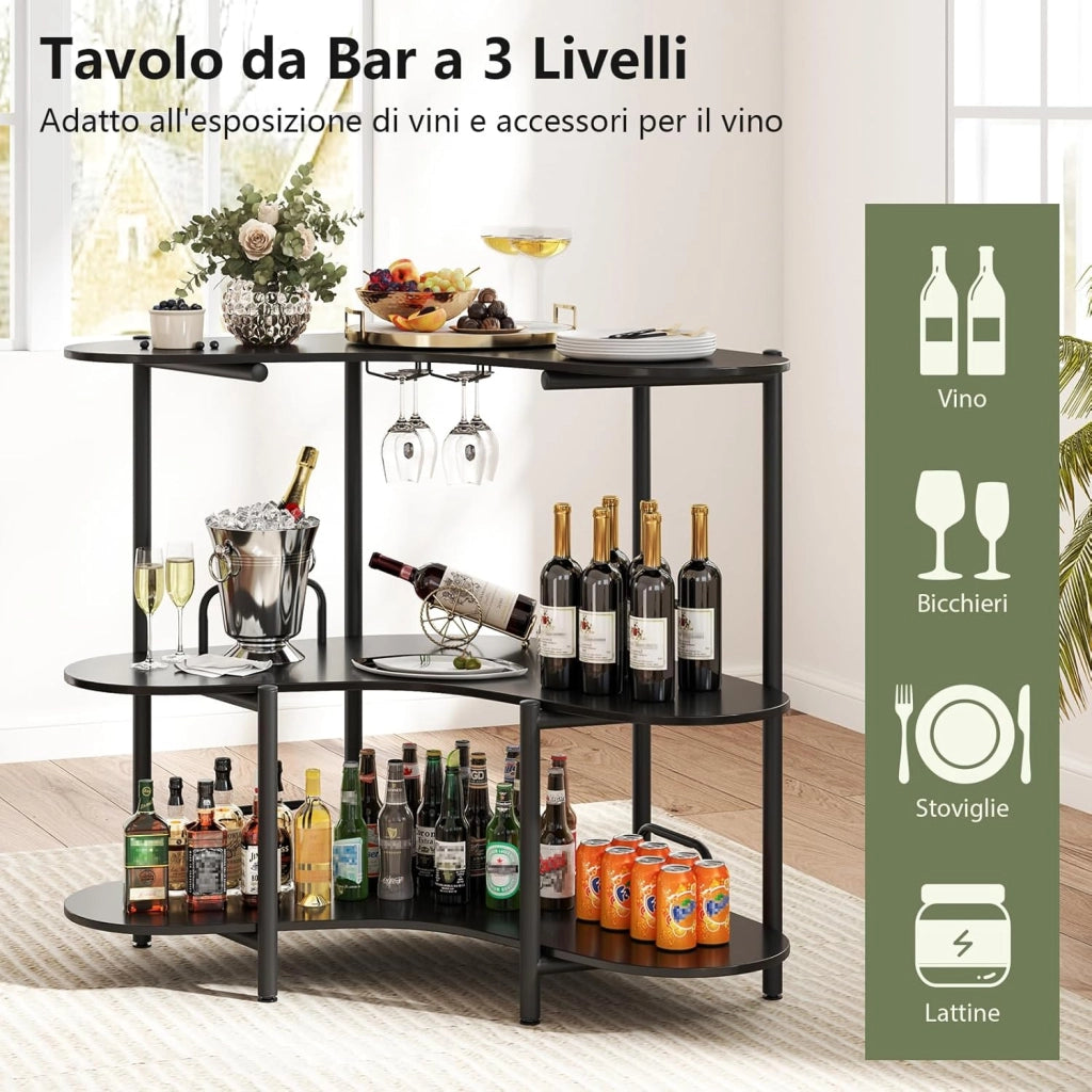 Tavolo da Bar 120 x 66 x 102 cm, Portabottiglie Vino a 3 Ripiani con Portabicchieri e Mensole di Stoccaggio, Isola Cucina Industriale per Bistro (Nero)