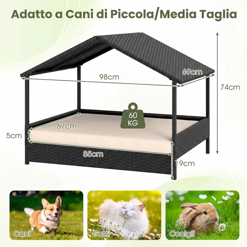 Casetta per Cani da Esterno e Interno, Letto Rialzato in Rattan con Struttura in Metallo, Tetto Impermeabile e Cuscino Rimovibile, per Cani di Taglia Piccola e Media fino a 60 KG (Beige)