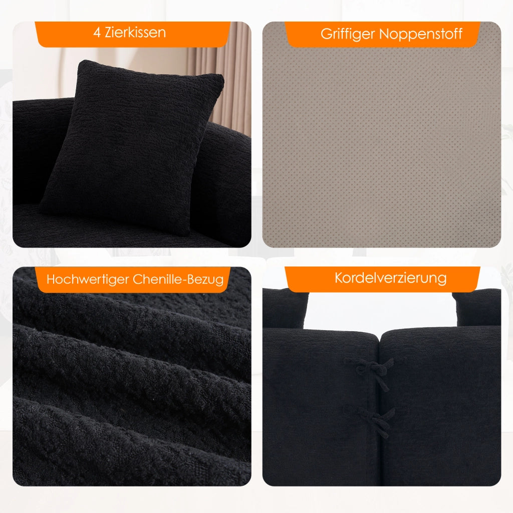 Divano ad angolo modulare 4 posti in chenille con design curvo e salvaspazio per soggiorno e salotto, nero