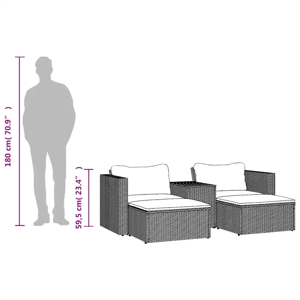 Set Divani da Giardino 5 pz | Set Salotto da Giardino con Cuscini Nero Polyrattan Acacia