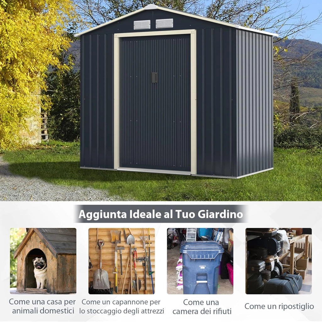 Casetta da Giardino Porta Attrezzi in Lamiera Acciaio Zincato 2,38 M2, Capanno da Esterno con Tettoia, Sfilati e Ante Scorrevoli, Adatto a Cortile, Giardino e Fattoria (203 x 117 x 195 cm)