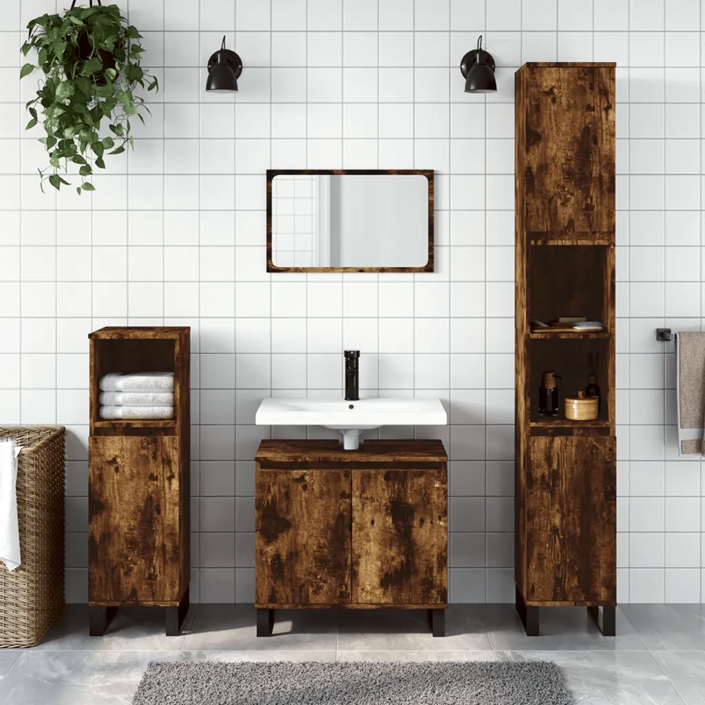 Armadietto Bagno Rovere Fumo 30x30x190 cm in Legno Multistrato 831545