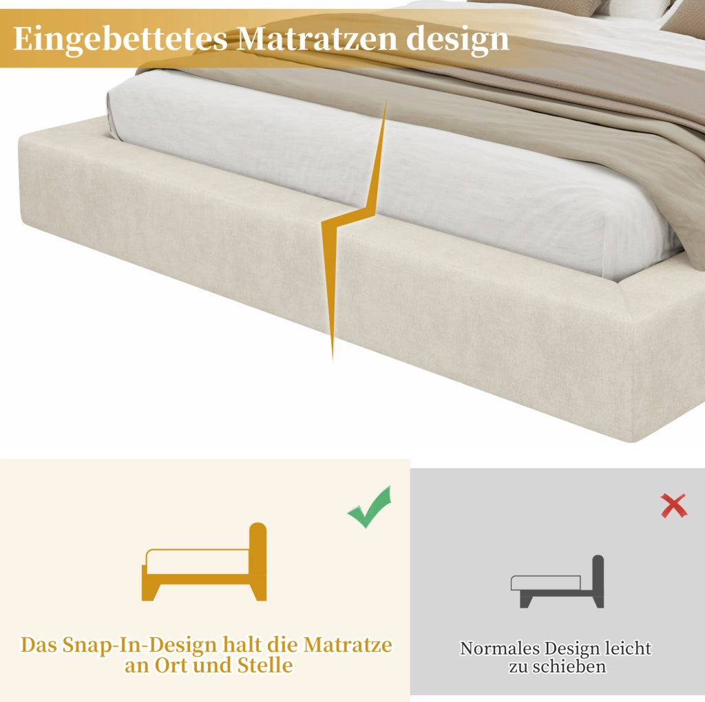 LETTO Imbottito 180x200 cm con Rete a Doghe in Chenille Beige