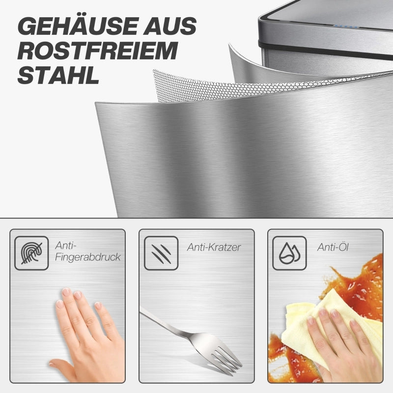 Pattumiera da 60 litri con sensore di apertura, coperchio automatico, in acciaio inox, versatile, colore argento.