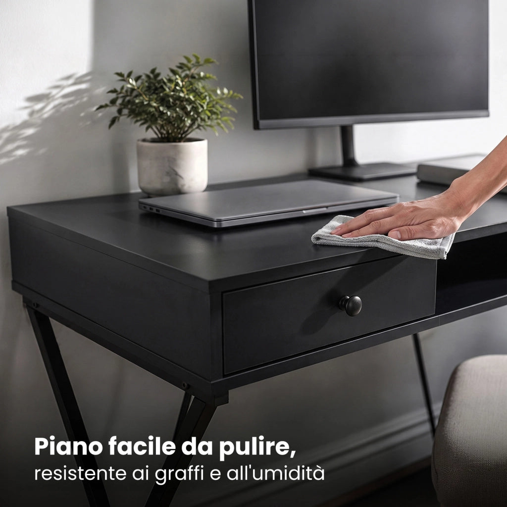 Scrivania PC industriale Nero CROSSLINE 120 cm 2 cassetti 1 ripiano gambe nere