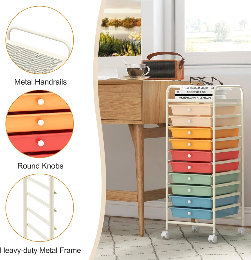 Carrello Portaoggetti con 10 Cassetti, Telaio in Metallo e Struttura in Plastica, 4 Ruote di cui 2 con Freno, Organizer Multiuso per Ufficio, Cucina e Bagno, 33 x 37 x 86 cm