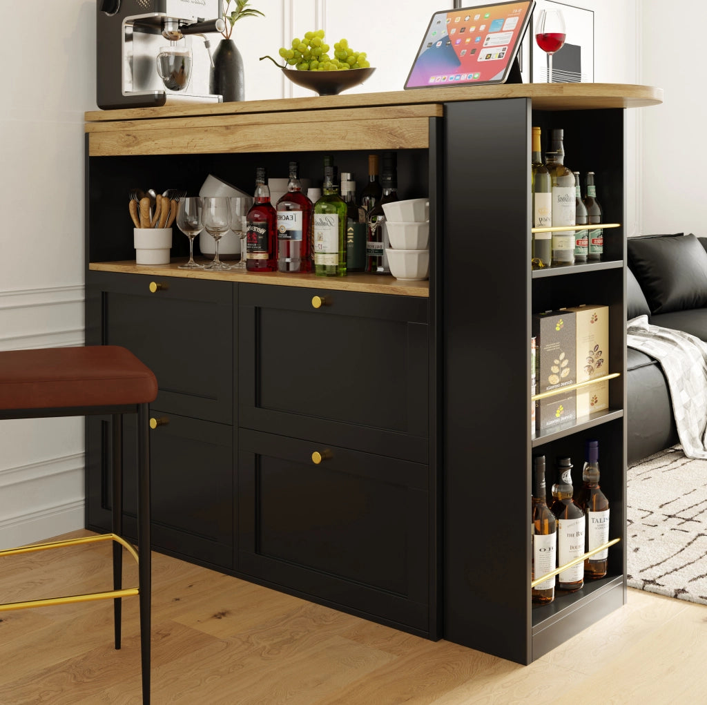 Mobile modulare nero in MDF con 4 cassetti e ripiano laterale girevole a 360°