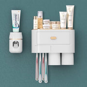 Organizzatore per spazzolini da denti con fissaggio a muro, autosfregiante e dispensatore di pasta da denti con 6 alloggi per spazzolini da denti, 2 bocchette e caricatore, organizzatore cosmetico per la camera da bagno