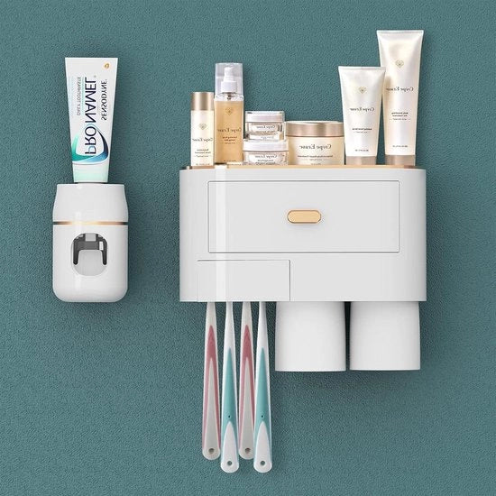 Organizzatore per spazzolini da denti con fissaggio a muro, autosfregiante e dispensatore di pasta da denti con 6 alloggi per spazzolini da denti, 2 bocchette e caricatore, organizzatore cosmetico per la camera da bagno