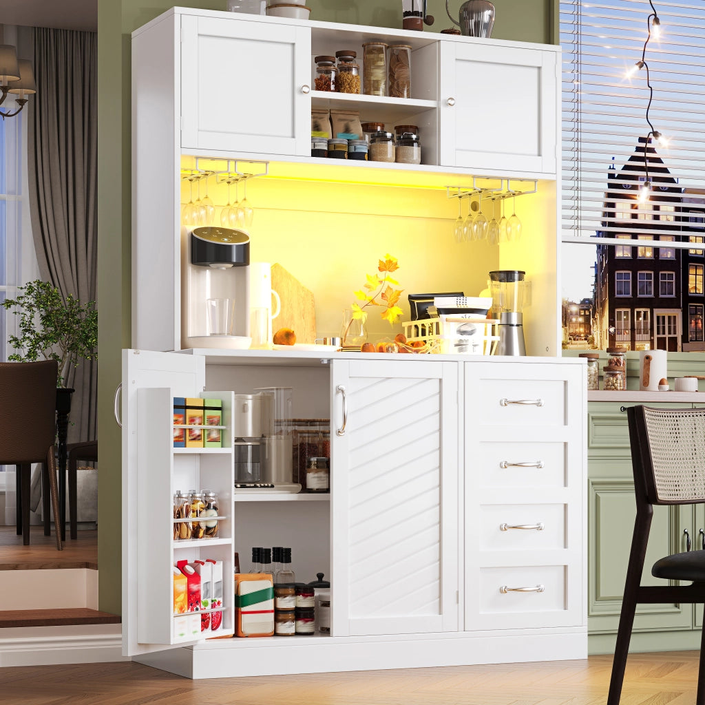 Credenza con LED, 4 ante, 2 cassetti e portabottiglie, mobile contenitore in MDF bianco 120 × 40 × 188 cm