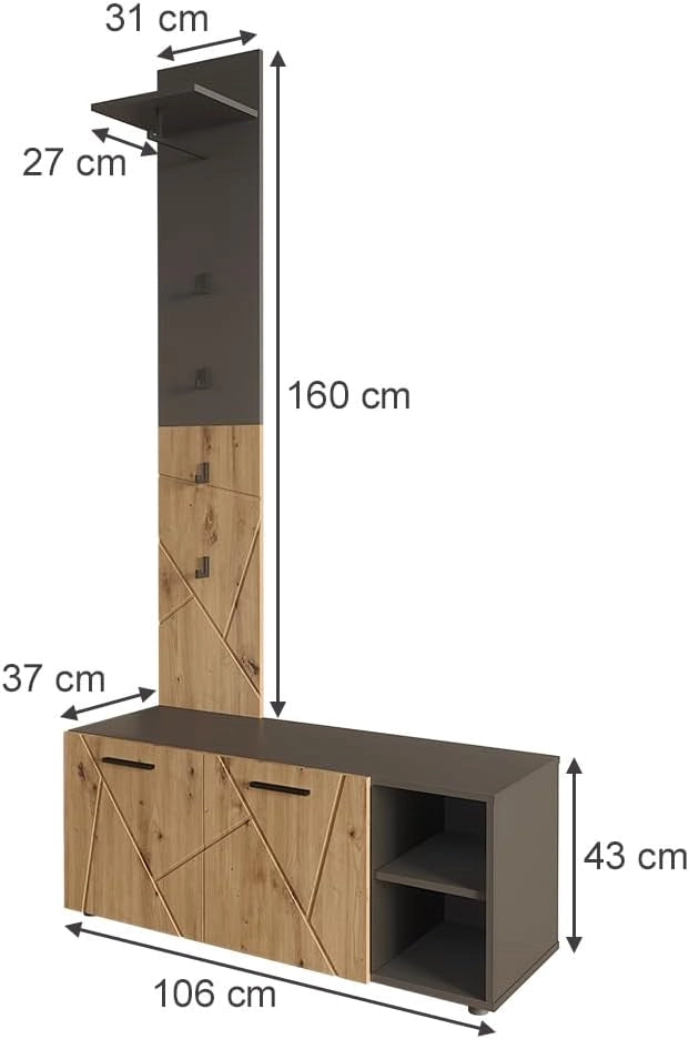 Armadio da ingresso Irma, Antracite/Artisan, 106 x 43 cm Set con scarpiera e pannello appendiabiti