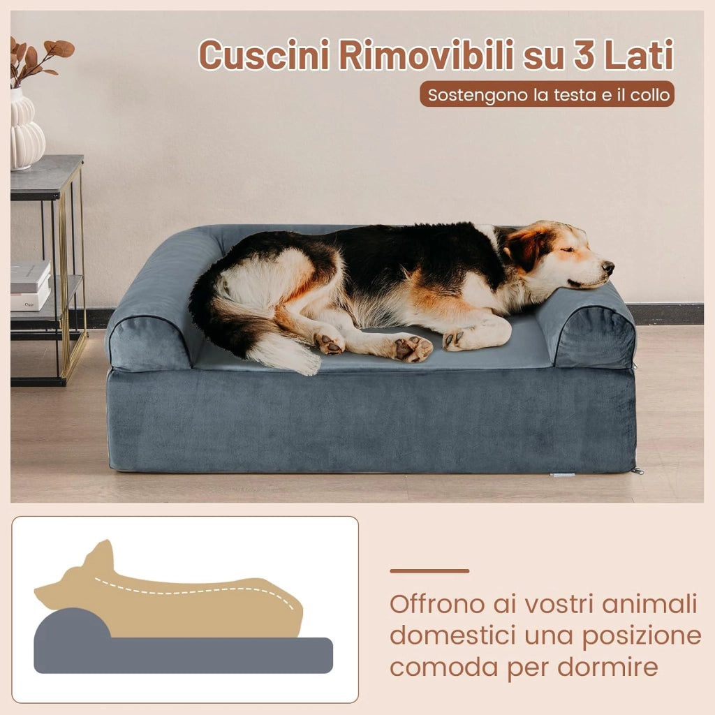 Letto Ortopedico per Cani, Cuccia per Animali in Schiuma di Memoria con Poggiatesta, Copertura Rimovibile e Fondo Antiscivolo per Cani Anziani, 102 x 82 x 30,5 cm