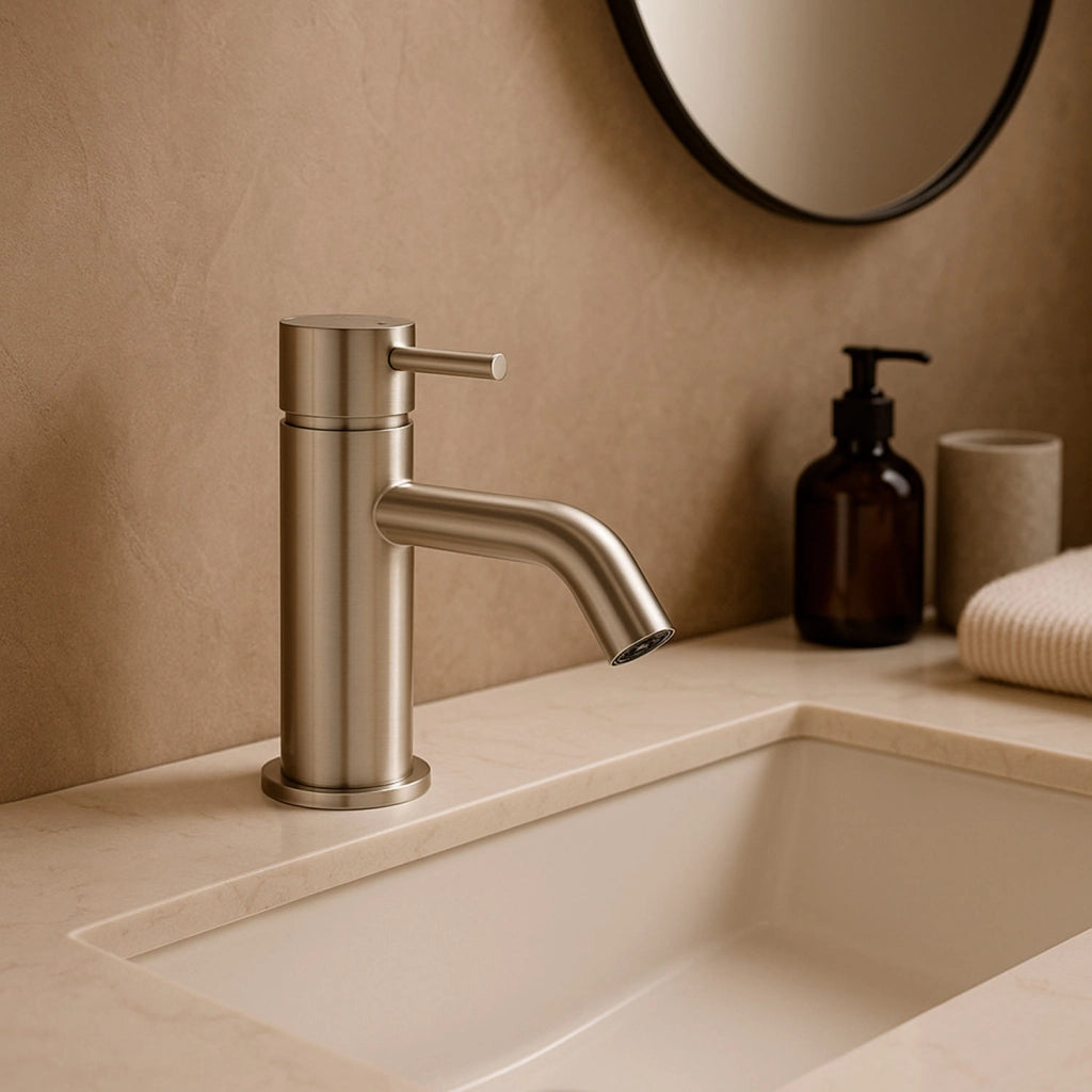 SINED Rubinetto basso per lavabo in acciaio inox 316L satinato da 17 cm con miscelatore resistente alla corrosione per uso interno ed esterno modello LEVANTE RUBINETTO-LAVABO-LEVANTE-BASSO-INOX