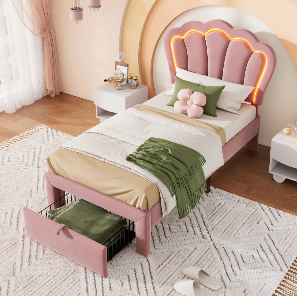 Letto singolo 90x200 rosa con LED RGB, cassetto e rete